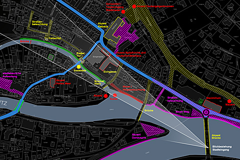 Ausschnitt der Lichtplanung „Historische Kleinstadt“ und „Stadt am/im Fluss“<br />(Katasterplan Donauwörth)