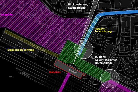 Ausschnitt der Lichtplanung „Stadteingang Bahnhof“ (Katasterplan Donauwörth)